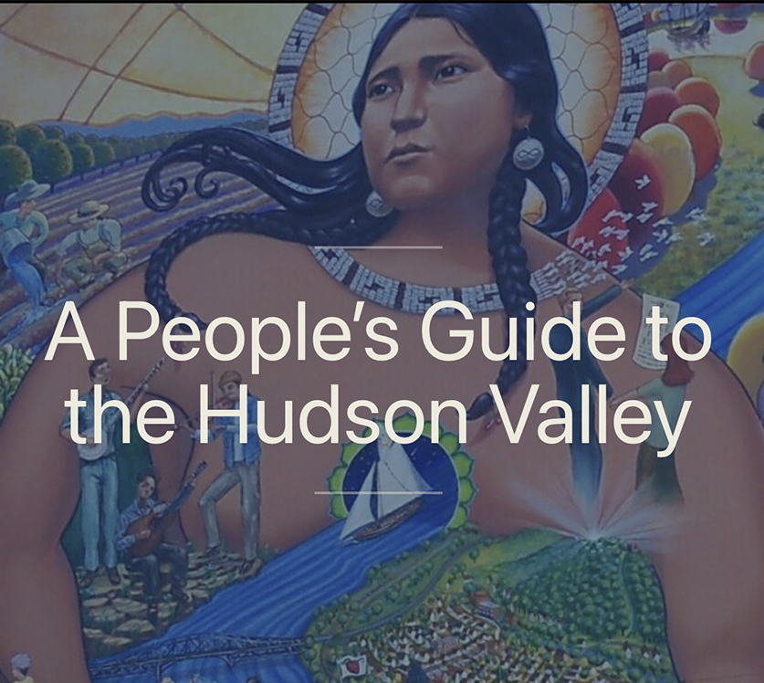 A colorful mural of a woman with black hair braided in multiple braids with a thick necklace. Overlayed on top is the text, "A People's Guide to the Hudson Valley."