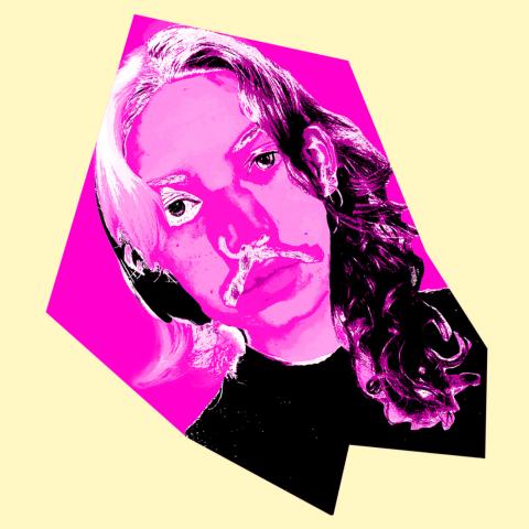 A beige background with and irreguar cutout with a person with long blonde hair superimposed in the cutout. There is a pink overlay with a Warhol style design.