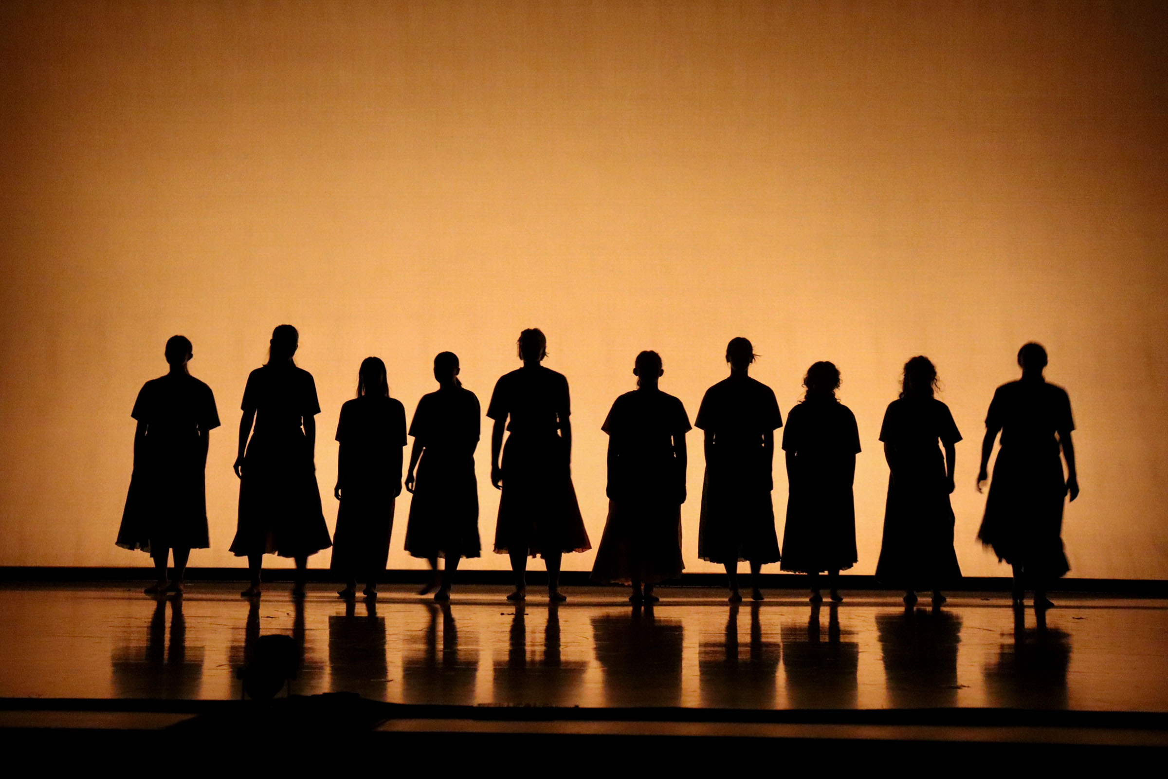 Silhouette of a line of people on a stage with a light orange glowing background.