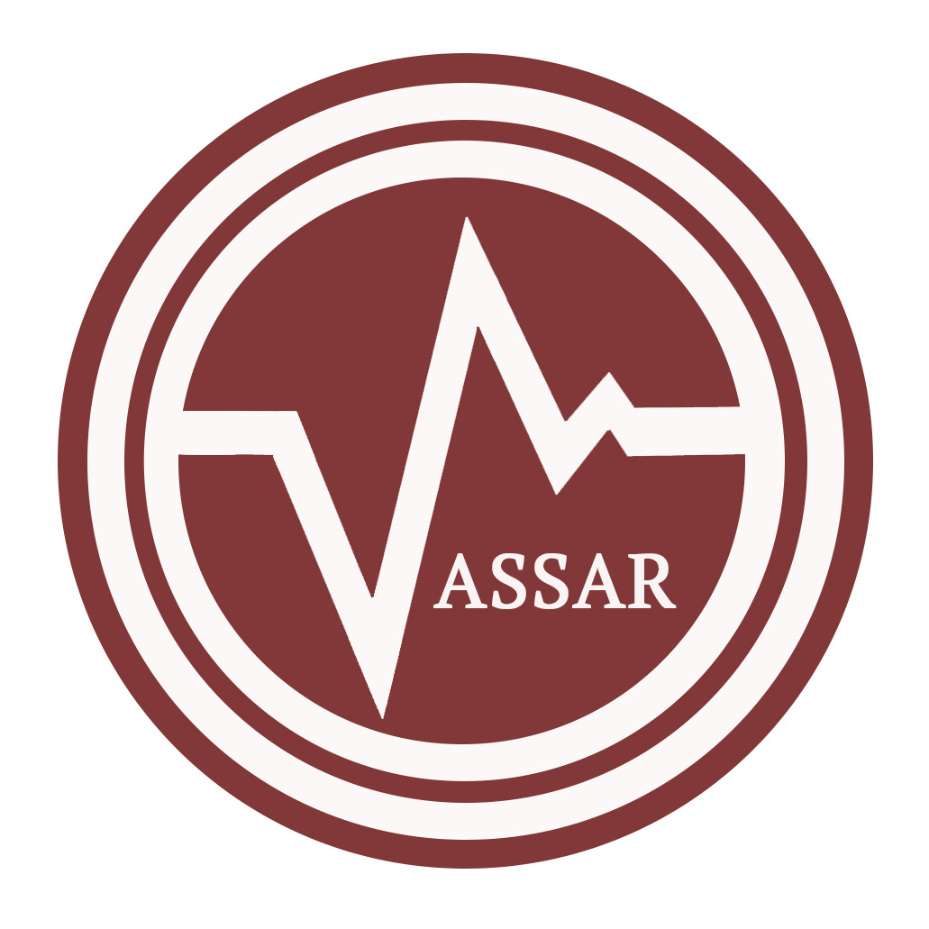 A maroon circle icon/logo with a line going through it representing a heartbeat monitor merging into the copy "Vassar."