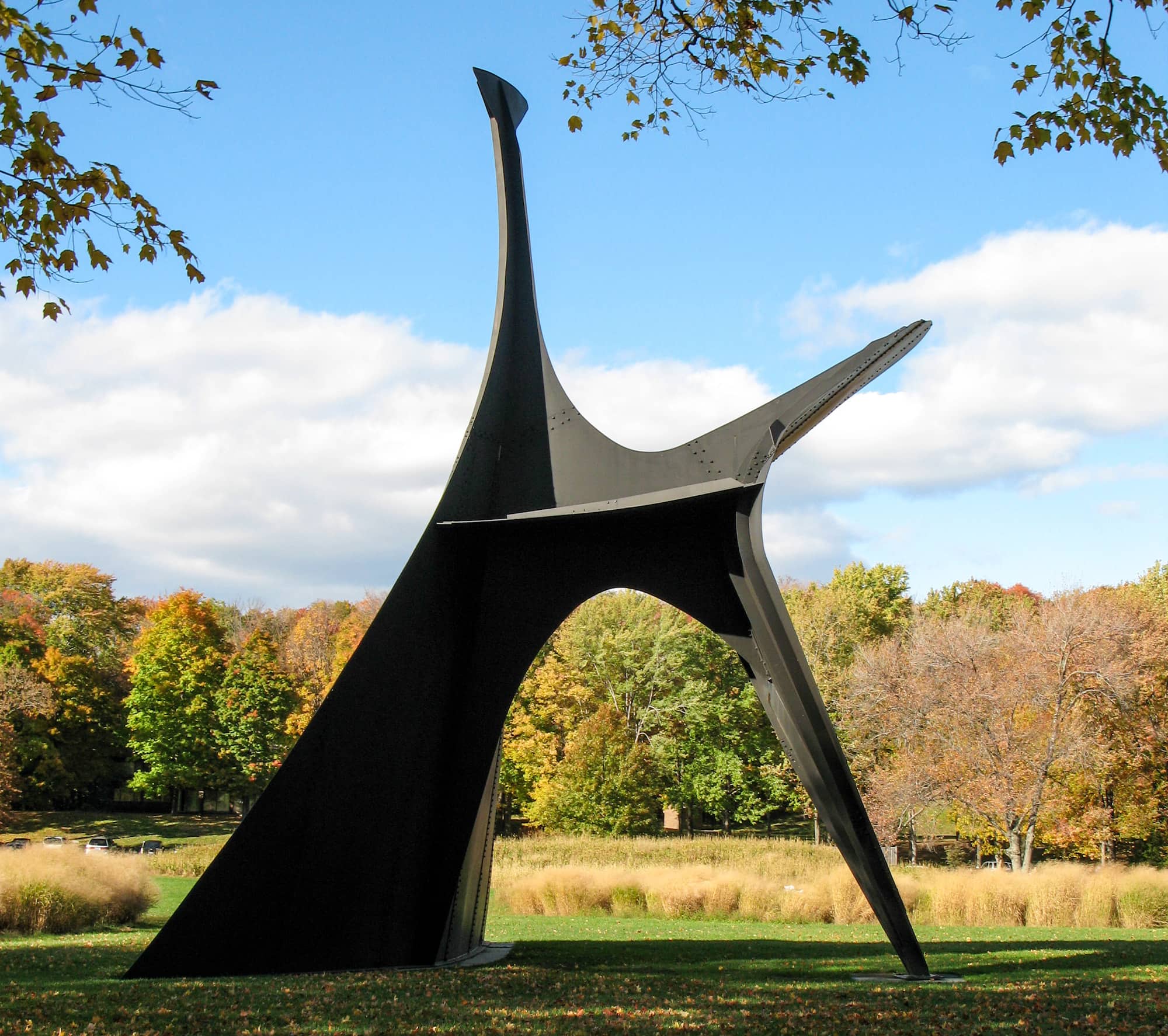 A large, abstract sculpture made of curved metal sits in the middle of a natural area during the fall, with orange trees behind it.