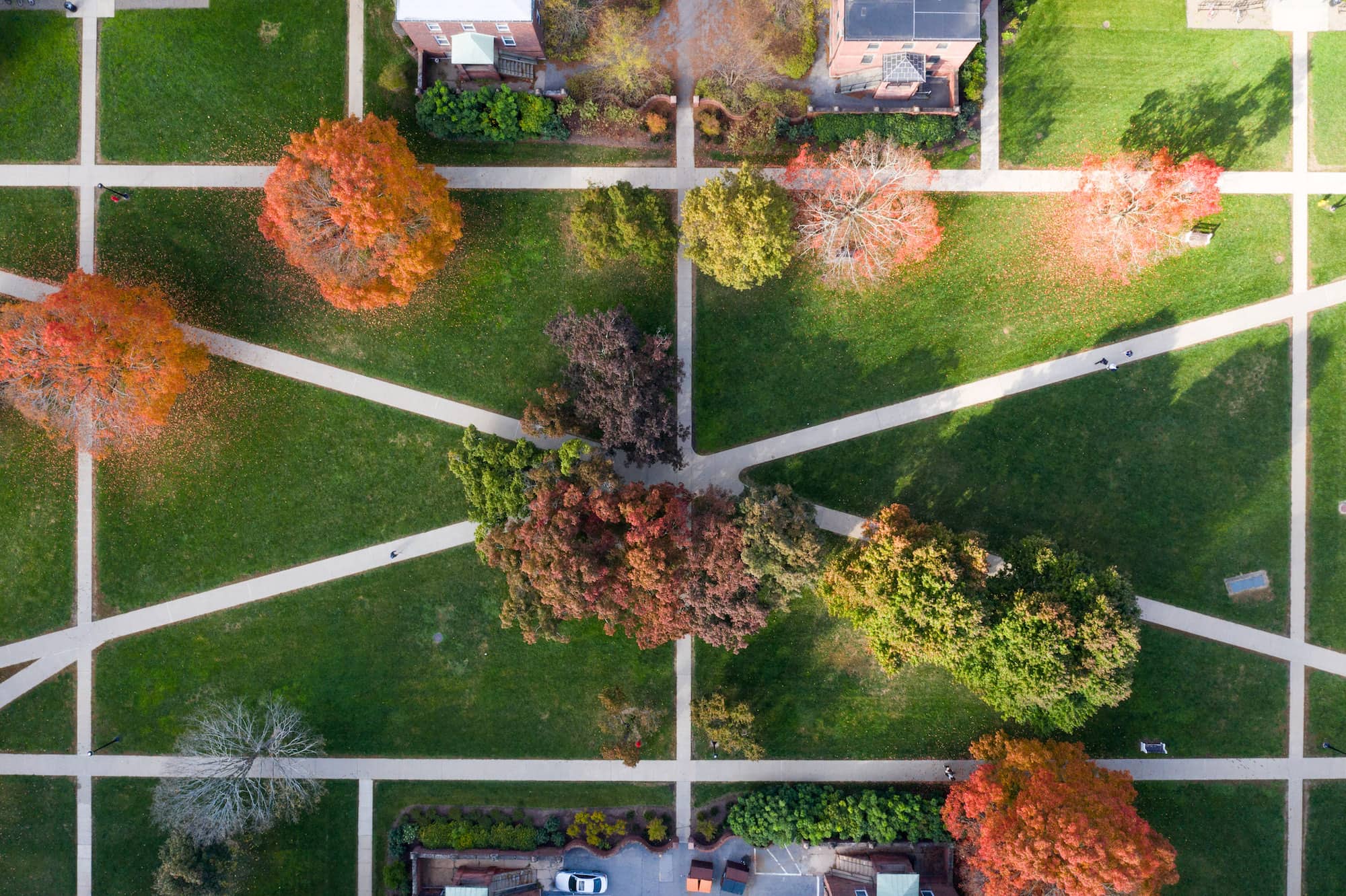 Aerial view of the residential quad on Vassar Campus