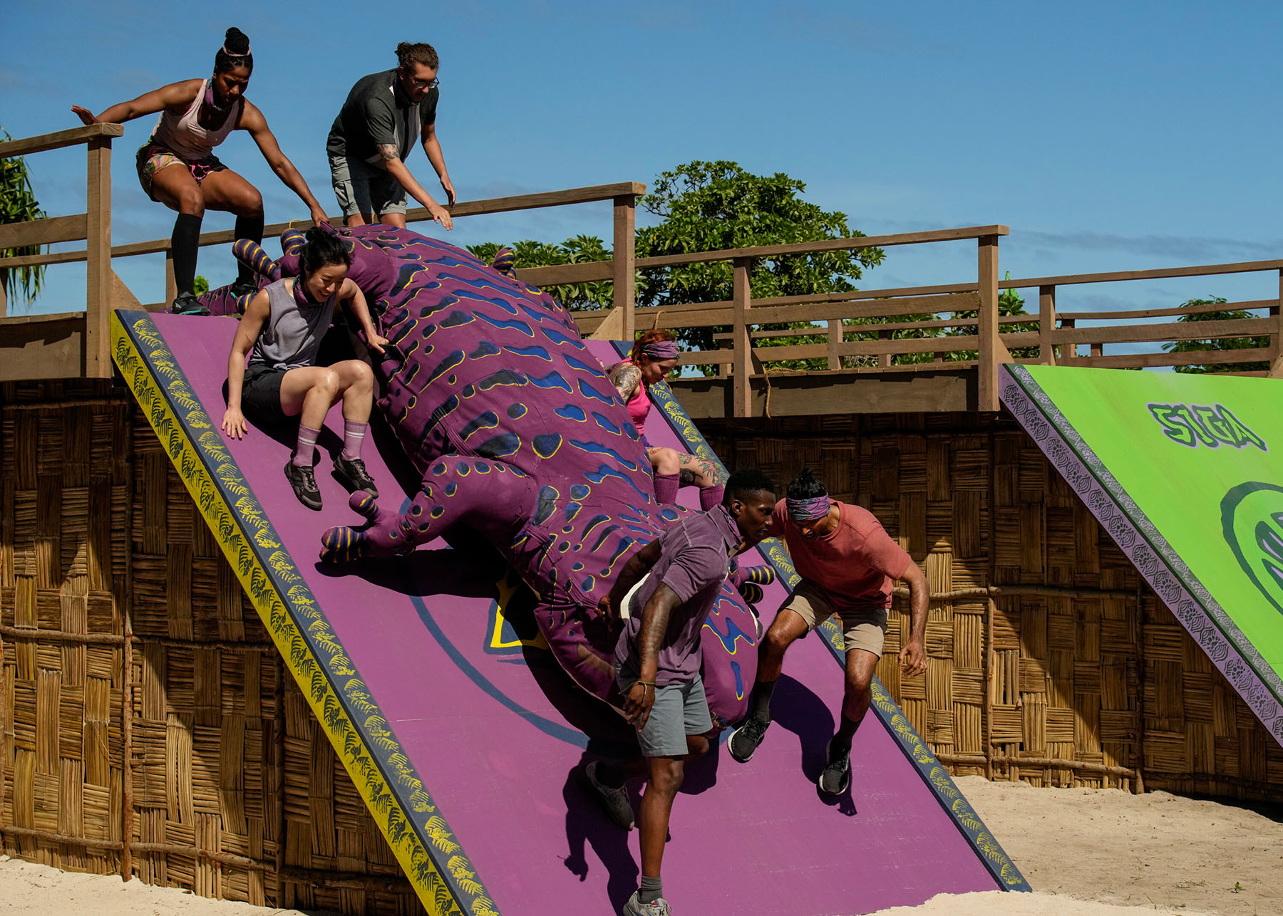 A large wooden platform with a slide at the end. There are five people maneuvering a large purple lizard down the slide in an attempt to win a race.