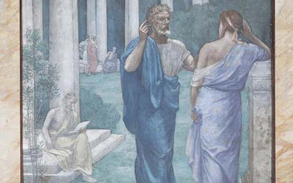 Ancient Greek and Roman painting - two people standing outside by columns