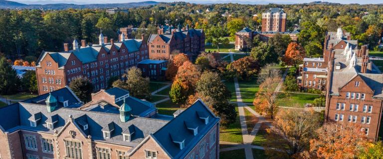 Residential Quad and fall campus drone view.