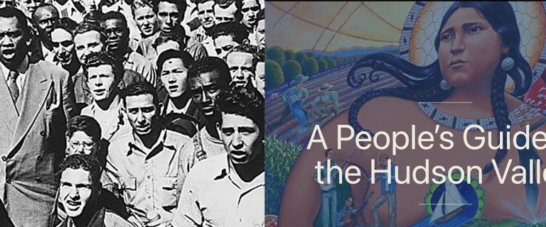 side-by-side images of an old black and white image of an audience of men next to a mural of a woman with the writing "A People's Guide to the Hudson Valley" superimposed