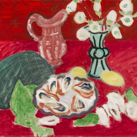"Vase with Flowers and a Plate of Oysters", 1940, by Henri Matisse. A predominantly red, impressionist painting of a vase, plate, and flowers