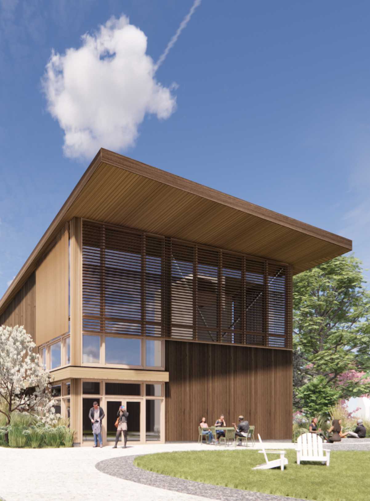 An architectural rendering of the Dede Thompson Bartlett Center for Admission and Career Education, a long, wood-paneled modern building.