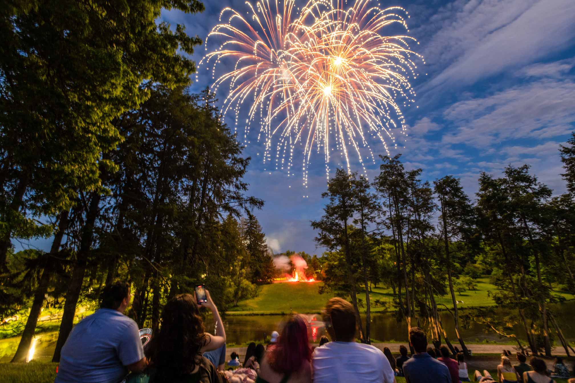 Crowd watching fireworks over Vassar campus