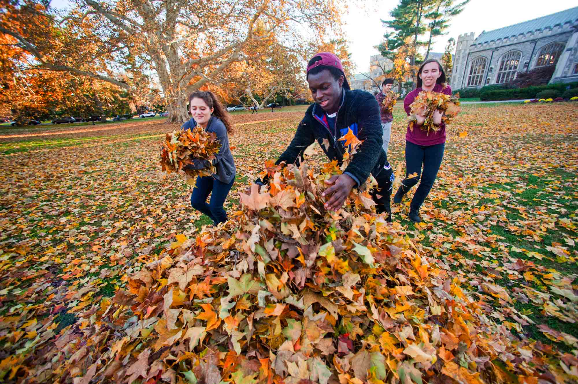 Students playing with a pile leaves on the library lawn, smiling