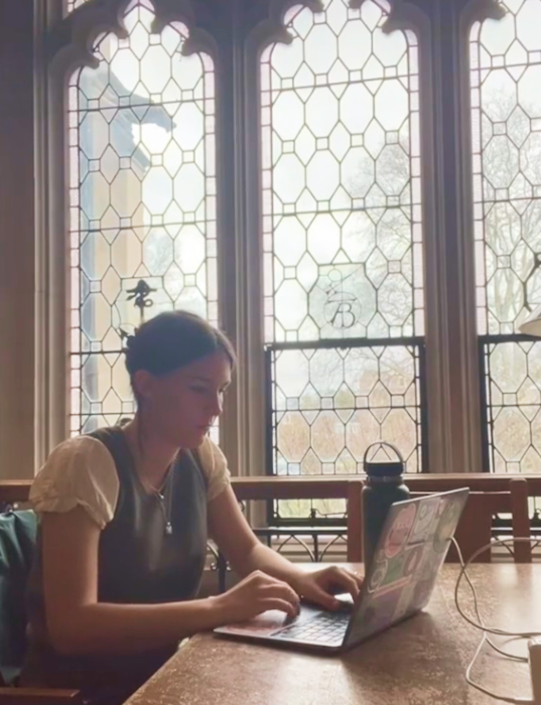 Student working on a laptop in front of a window