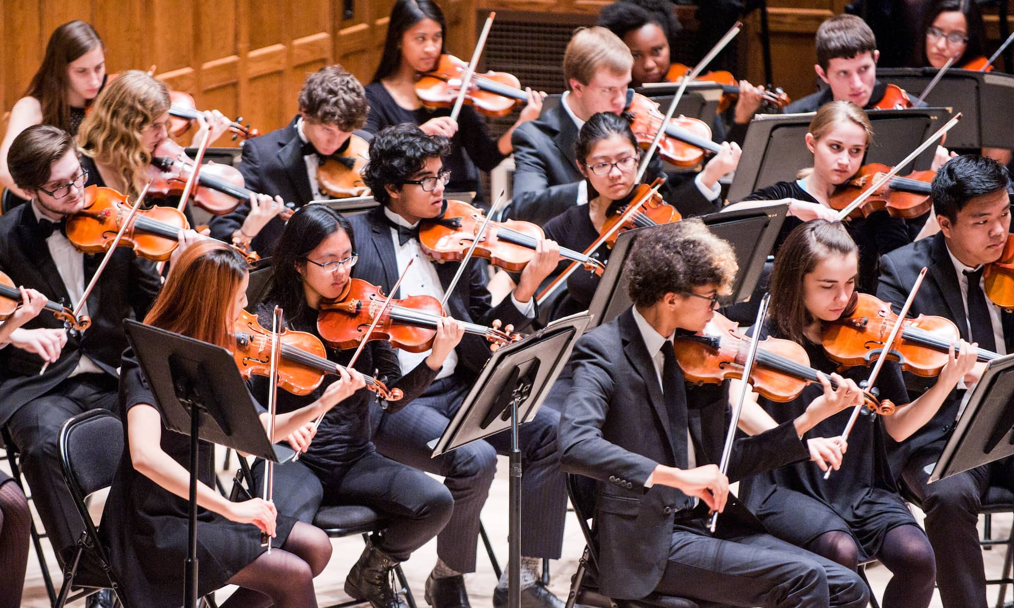 Picture of the Vassar orchestra strings section while performing