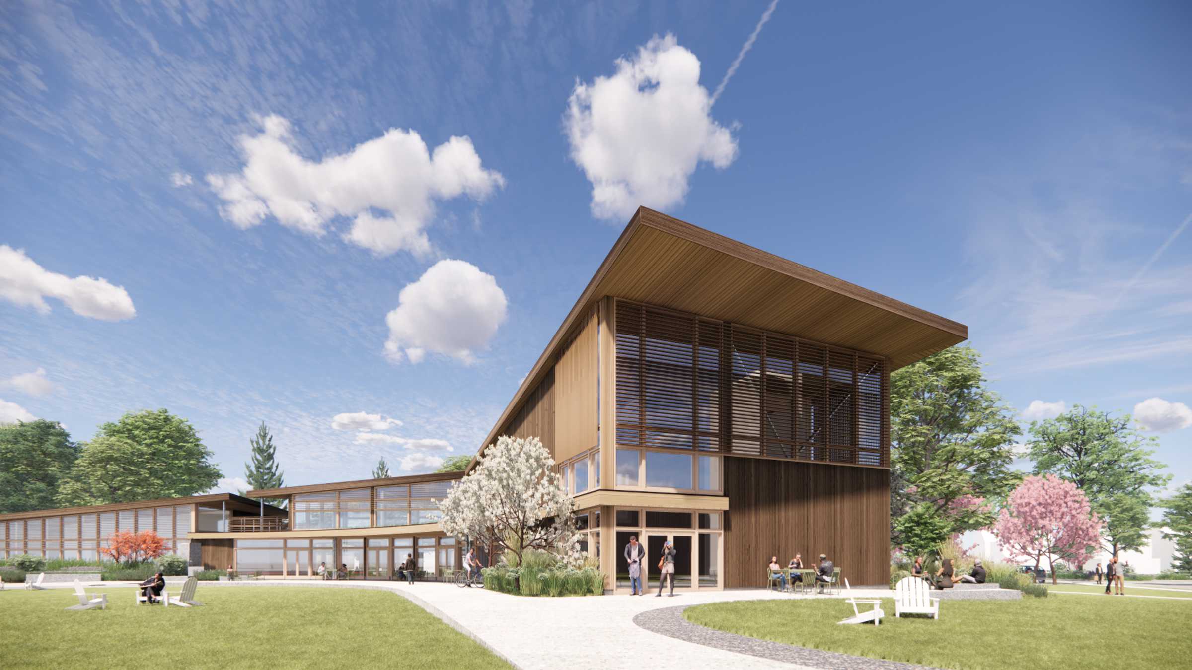 An architectural rendering of the Dede Thompson Bartlett Center for Admission and Career Education, a long, wood-paneled modern building.