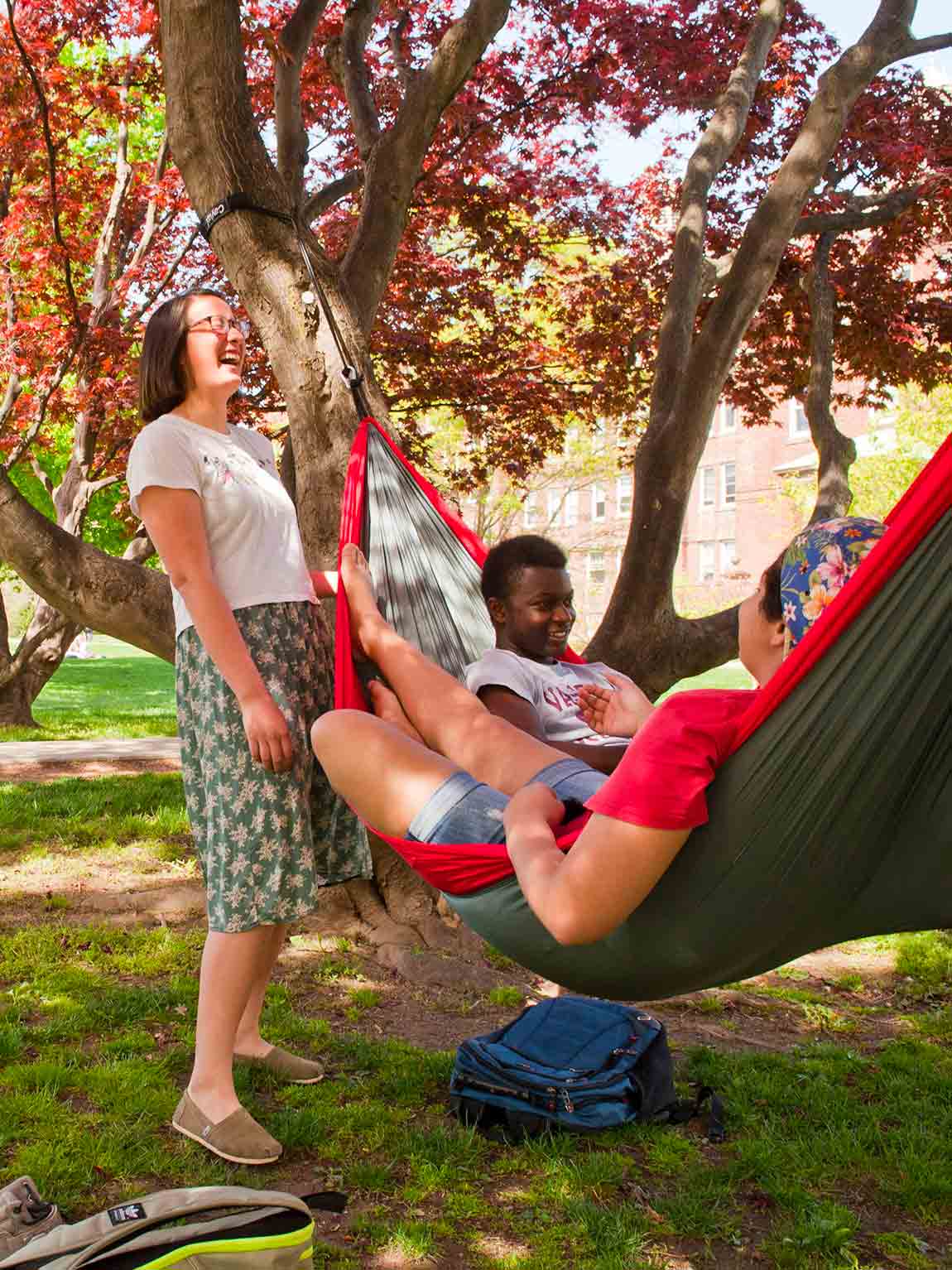 Students relax in a hammock on one of the quads