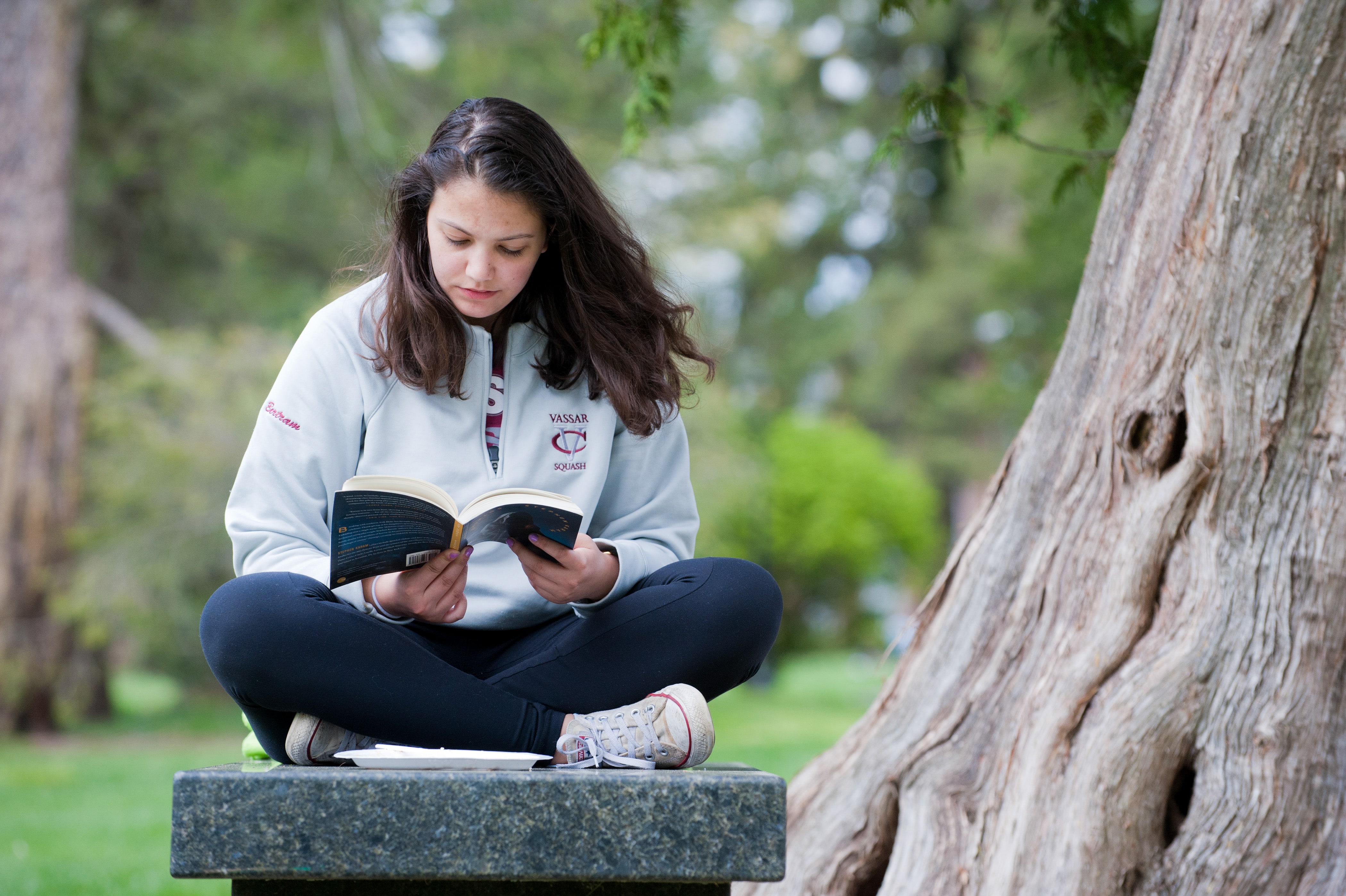 A person reading a book sitting cross-legged on a marble bench next to a tree