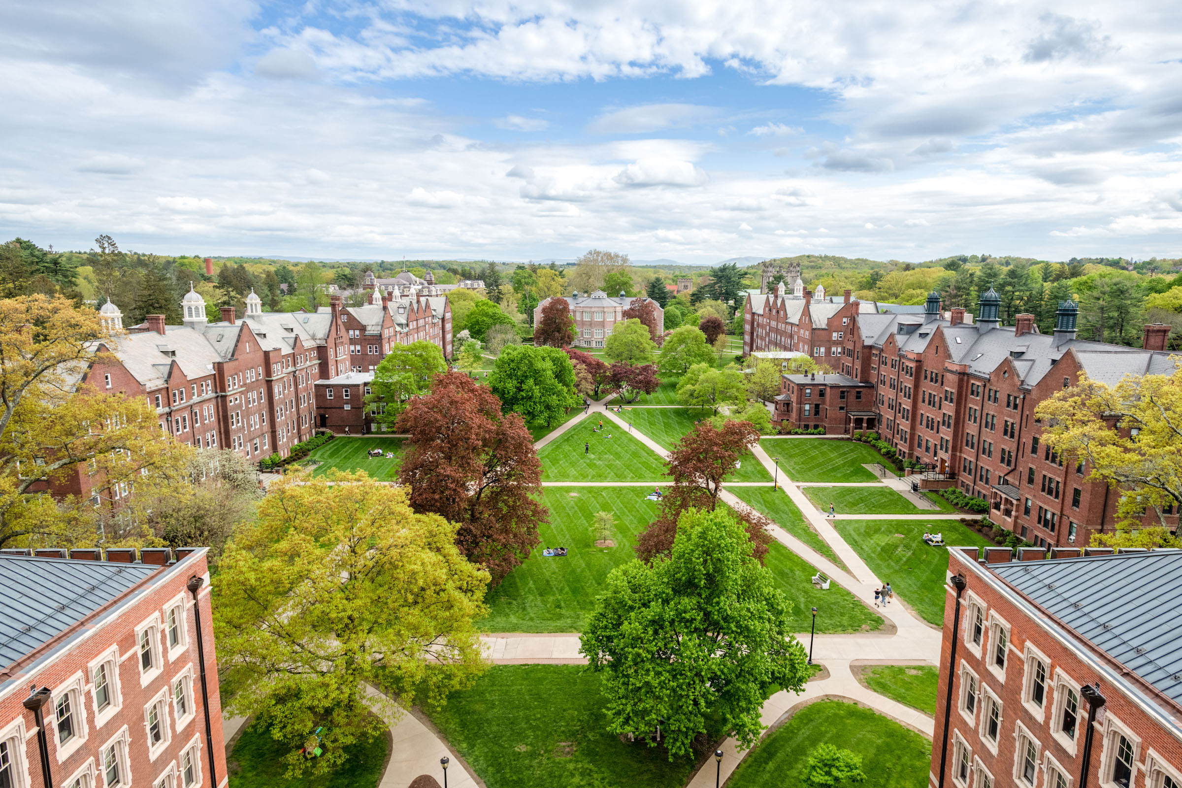 Aerial view of the residential quad on Vassar Campus