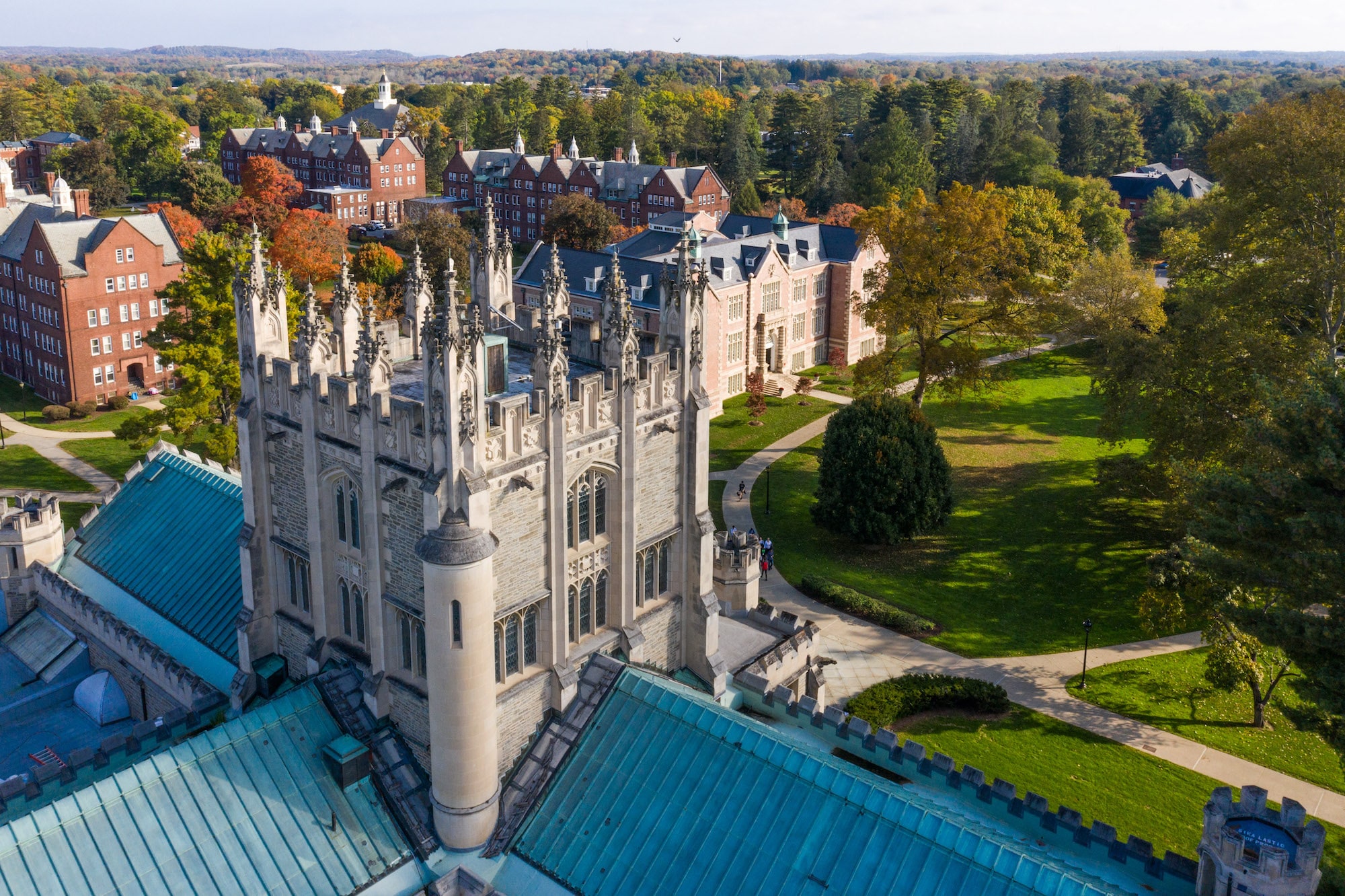 Aerial view of Thompson Library and Vassar College campus