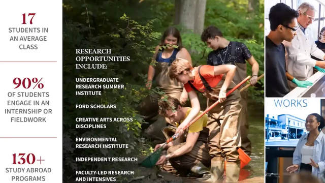 A slide from a presentation showing various statistics, as well as a photo of students working in a river with a net.