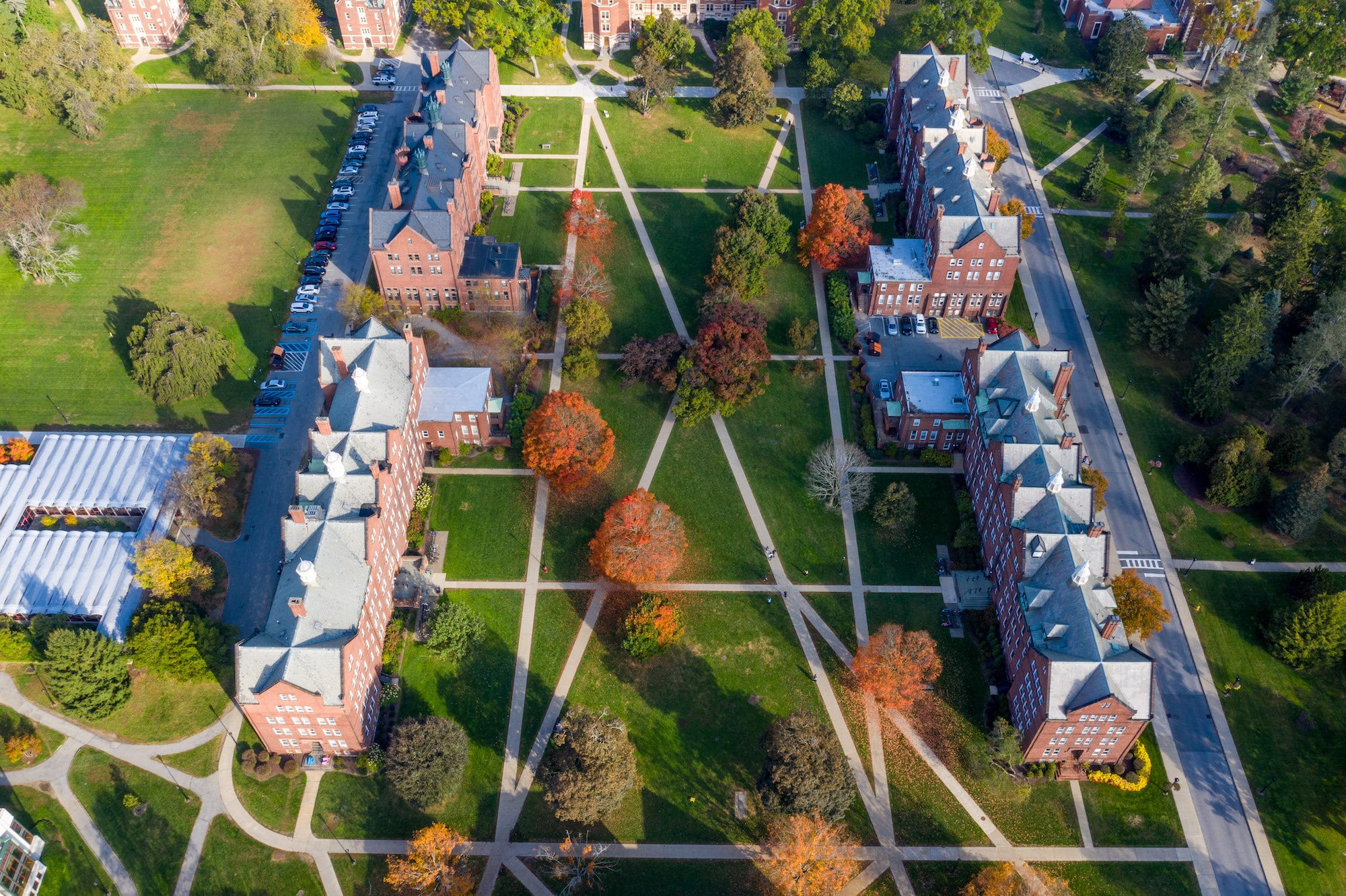 Aerial view of the residential quad on Vassar Campus