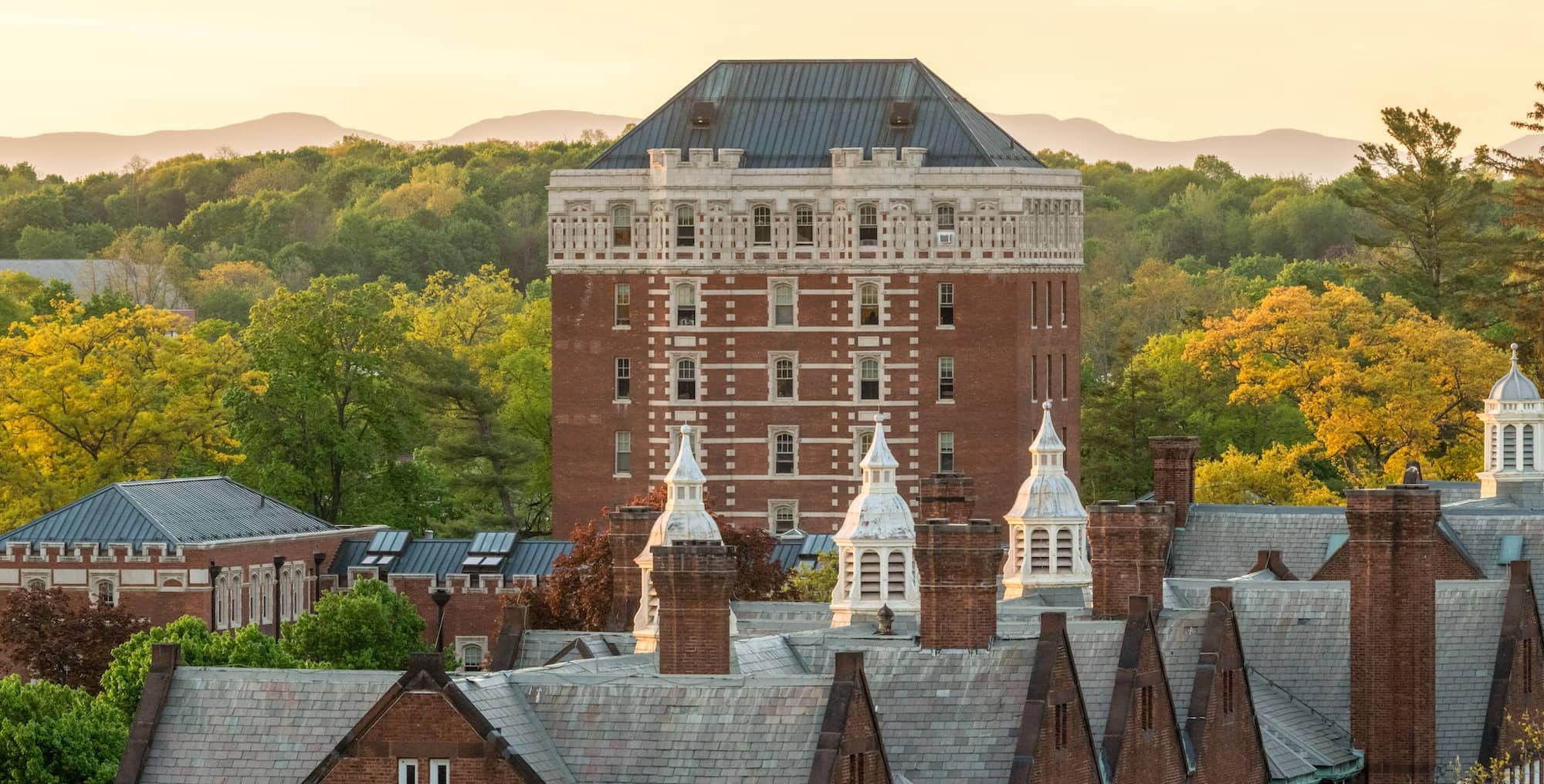 An aerial view of the top of Jewett building on the Vassar campus, a large multi-story red brick building with many windows, surrounded by greenery, with the rooftops of other buildings in front of it.