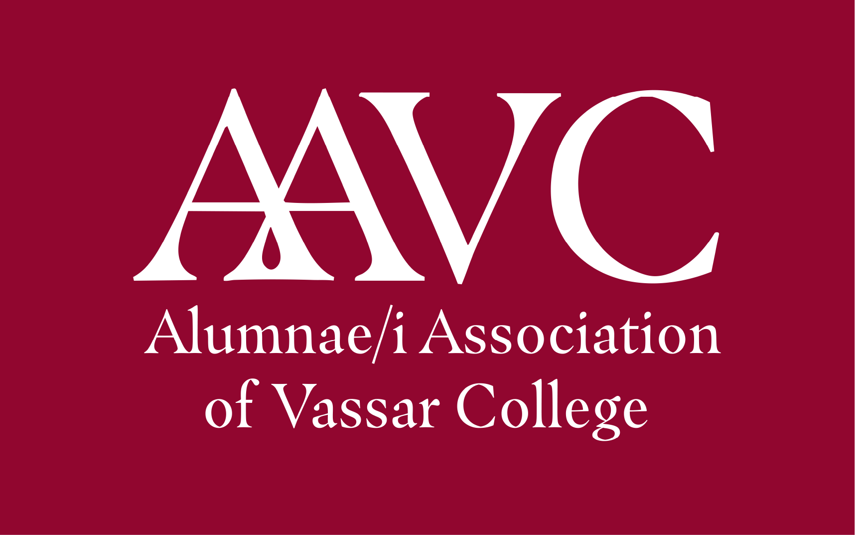 Red rectangle with white lettering that spells out AAVC with smaller lettering underneath that spells out Alumnae/i Association of Vassar College.