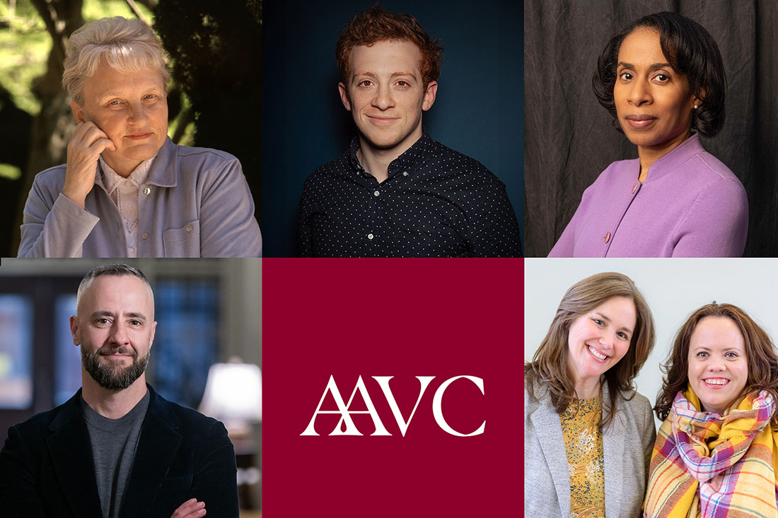 Collage of six people arranged around a central AAVC logo, each posing in individual portraits with varied expressions and backgrounds.