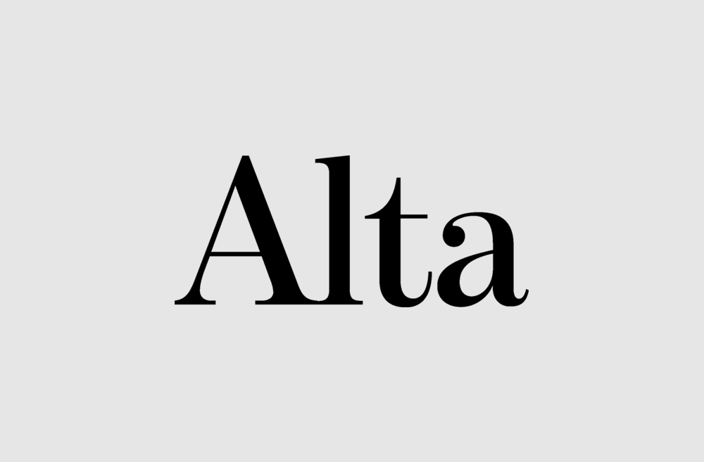 Alta logo, black serif text on a light grey background.