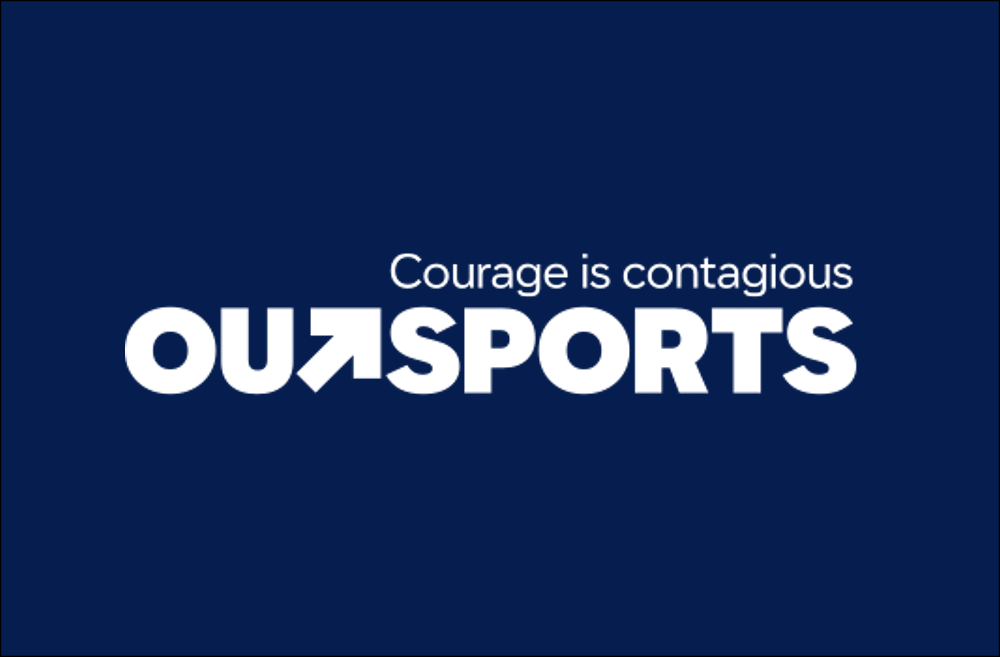 Outsports logo, a white sans serif font on a blue background, with a right upward angled arrow in place of the first T in the word Outsports.