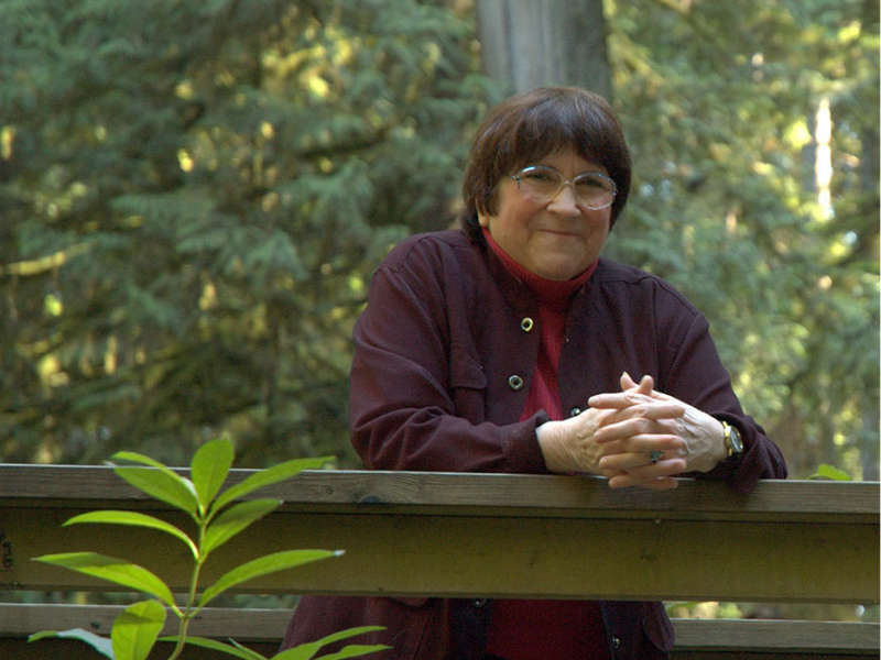 A figure with short brown hair and glasses is positioned against a backdrop of lush, green forest foliage, with tall trees partially obscuring the sky. The figure leans on a wooden railing, hands clasped together in a relaxed posture. The attire includes a dark outer layer over a red turtleneck, contributing to a warm color palette. The surrounding environment is dappled with soft, natural light that filters through the leaves, enhancing the serene atmosphere of the setting.