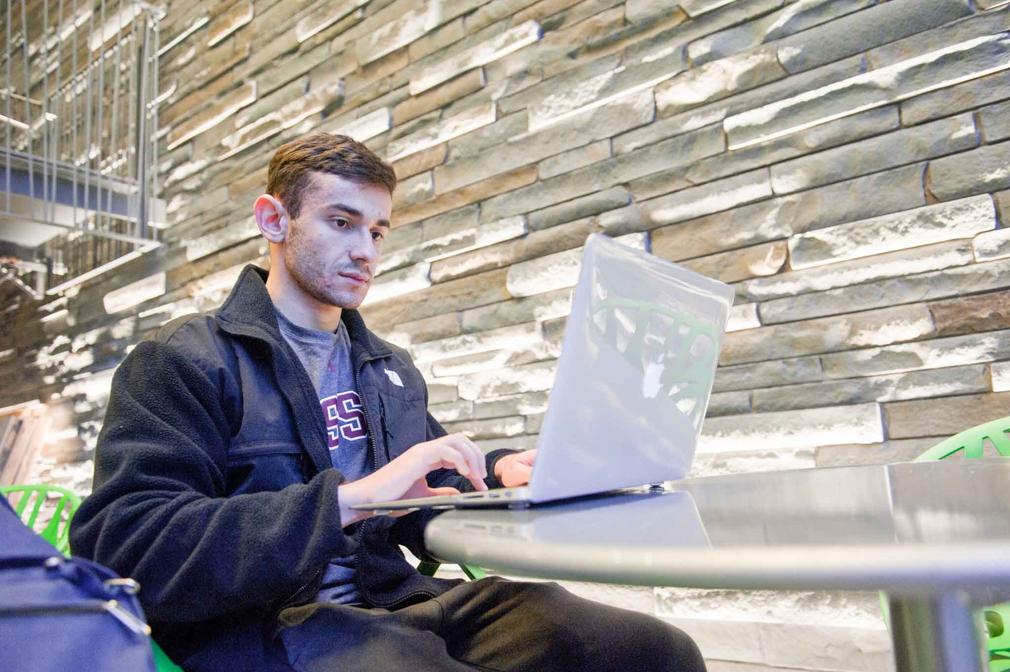 Student working on a laptop in the Bridge for Laboratory Sciences