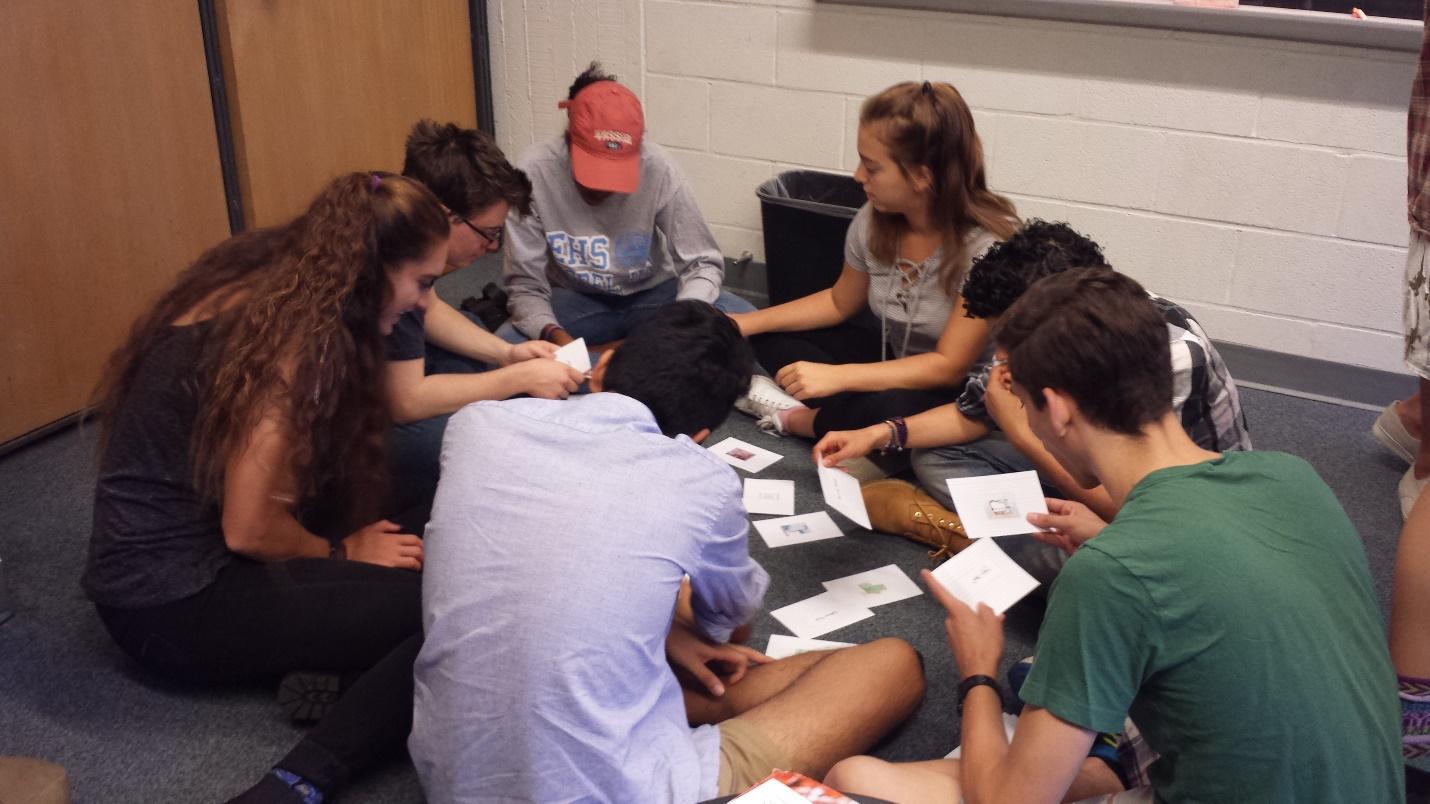 A group of students sit on a carpeted floor, handling small paper cards