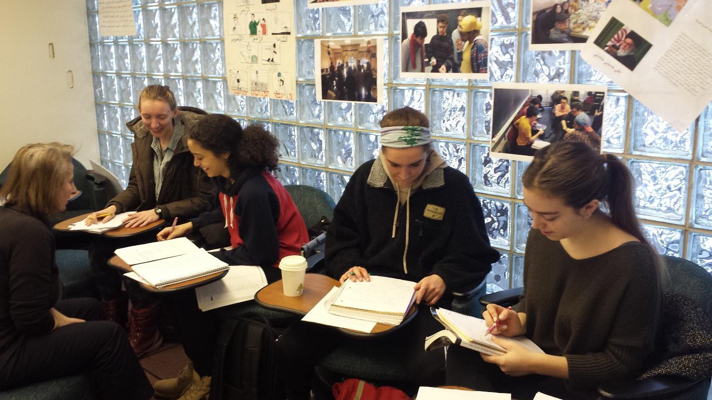 A group of students study in a classroom