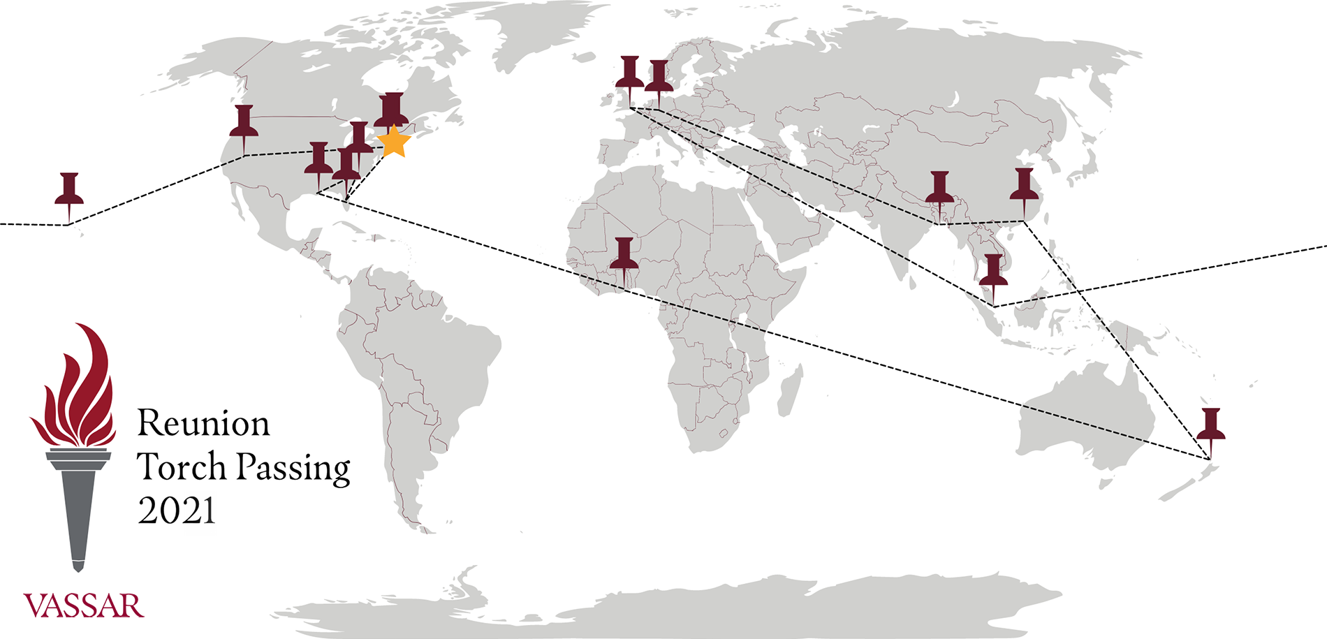 Map of the world with pins showing where the Reunion Torch has traveled.
