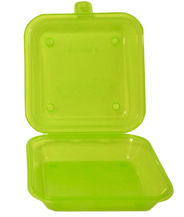 An image of a square green reusable to-go container with its lid open to show an empty interior