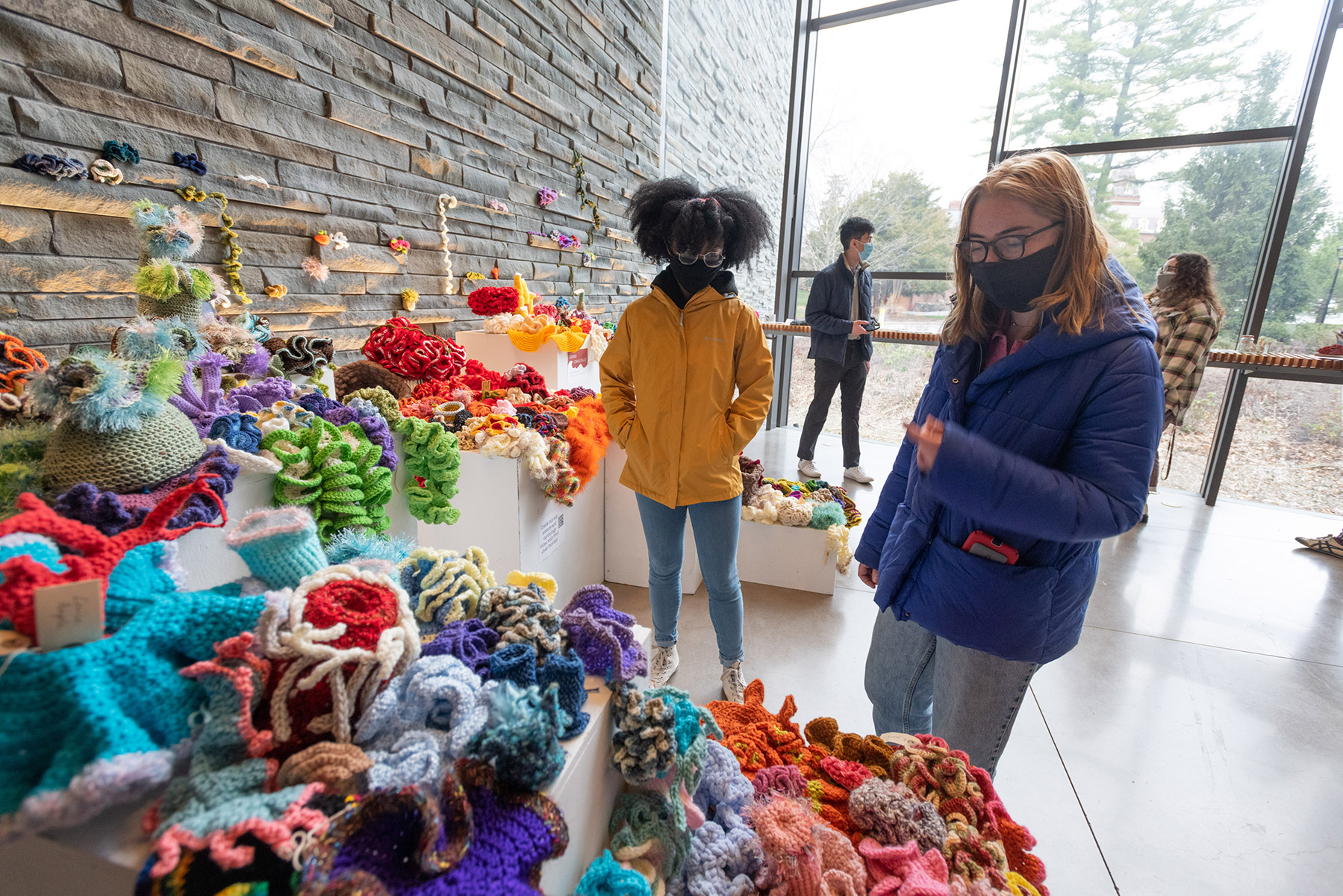 Visitors viewing the crocheted reef project