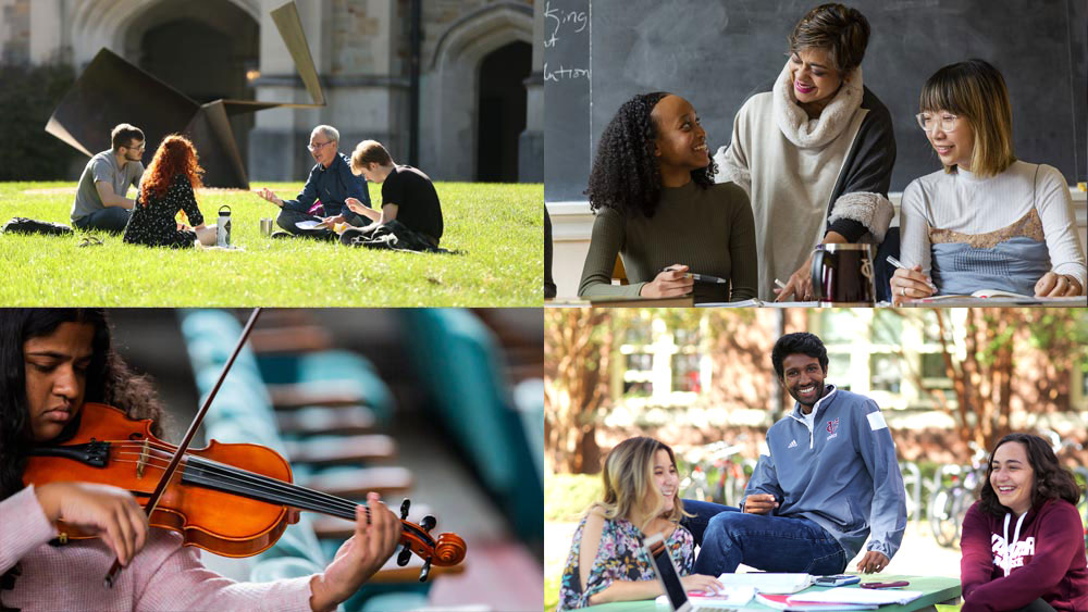 Collage of four photos from top left to bottom right: students listening to a professor on a lawn, a professor addressing two seated students in a classroom, a person playing a violin, three smiling students seated at a picnic table on the Vassar campus.