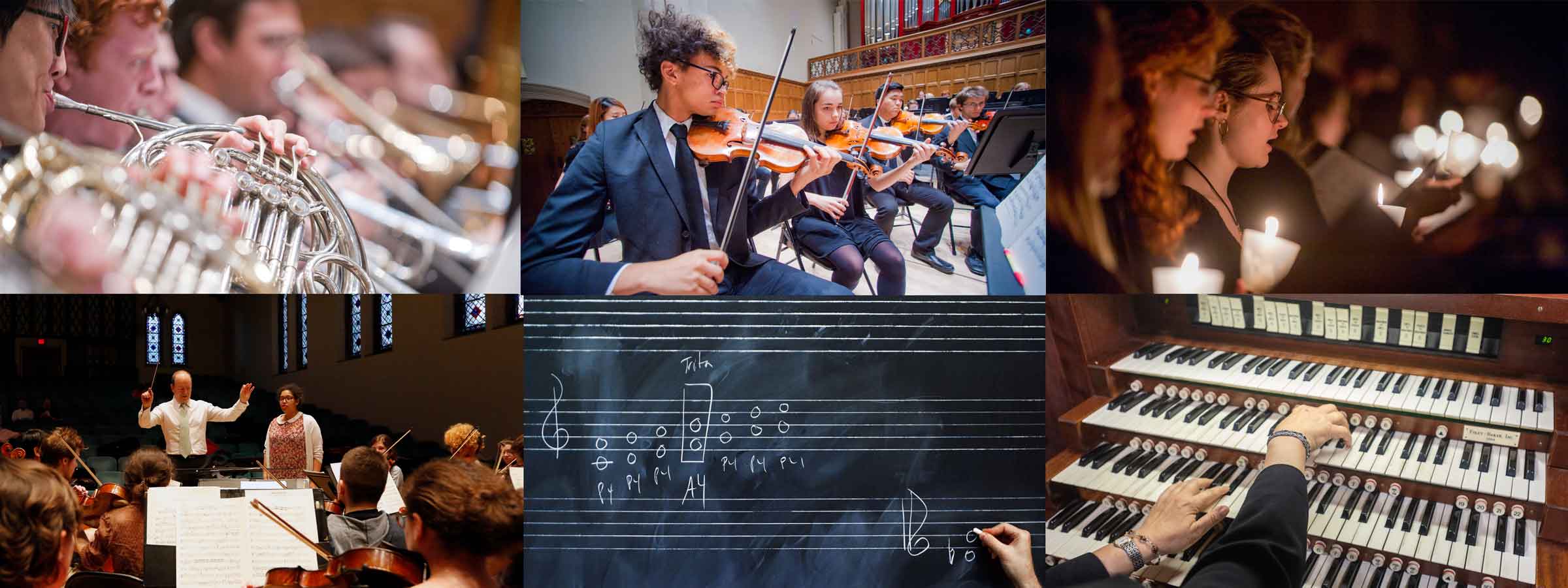 Photo collage of six images. From left to right and top to bottom: french horn player, group of violinists, choral group, conductor with hands raised facing the orchestra, musical notation on a chalk board, hands playing an organ.
