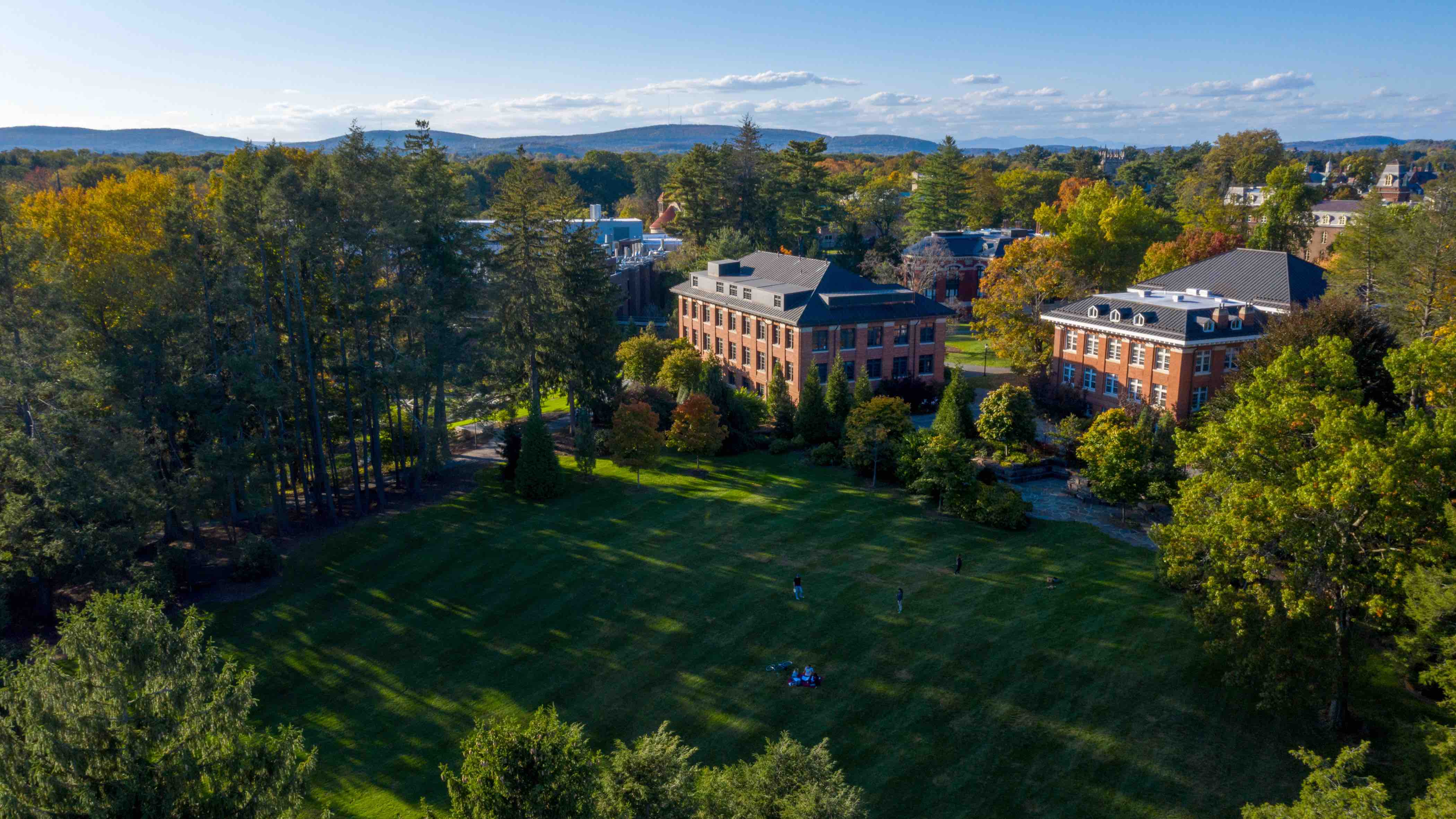 An aerial view of the Vassar amphitheater, a large green open area surrounded by trees and brick buildings.