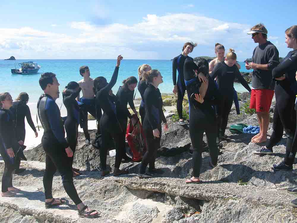Suiting up for cave exploration, Bermuda