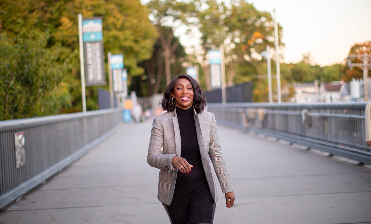 Jessica Matthews walking on the Walkway Over the Hudson