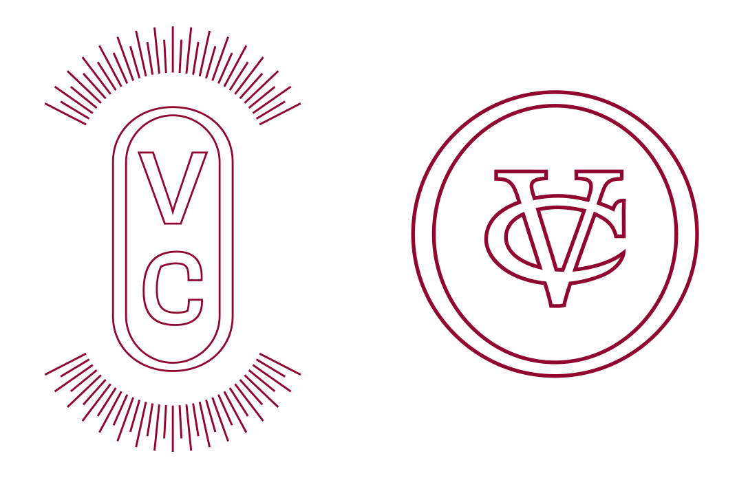 Two maroon Vassar badges on a white field: on the left is a vertical VC with spark lines above and below; on the right a VC intertwined with a double circle around it