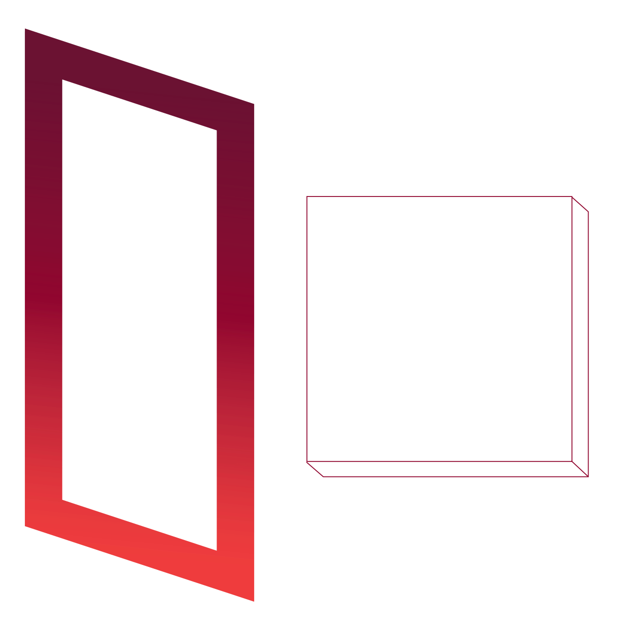 Two shapes. On the left, a white parallelogram with a thick maroon to red gradient border. On the right, a flattened white cube with red edges as seen from above.