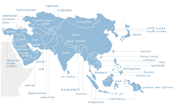 Blue map of Asia that identifies the different countries.