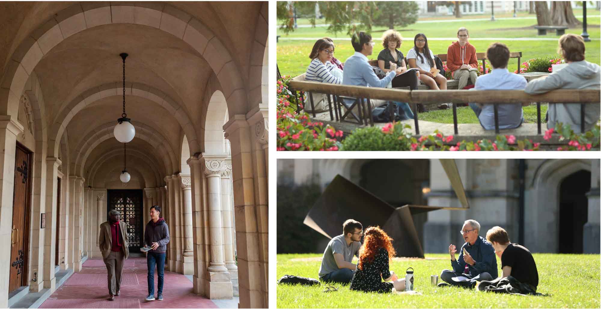 Photo collage of 3 photos showing students and faculty in meaningful conversations