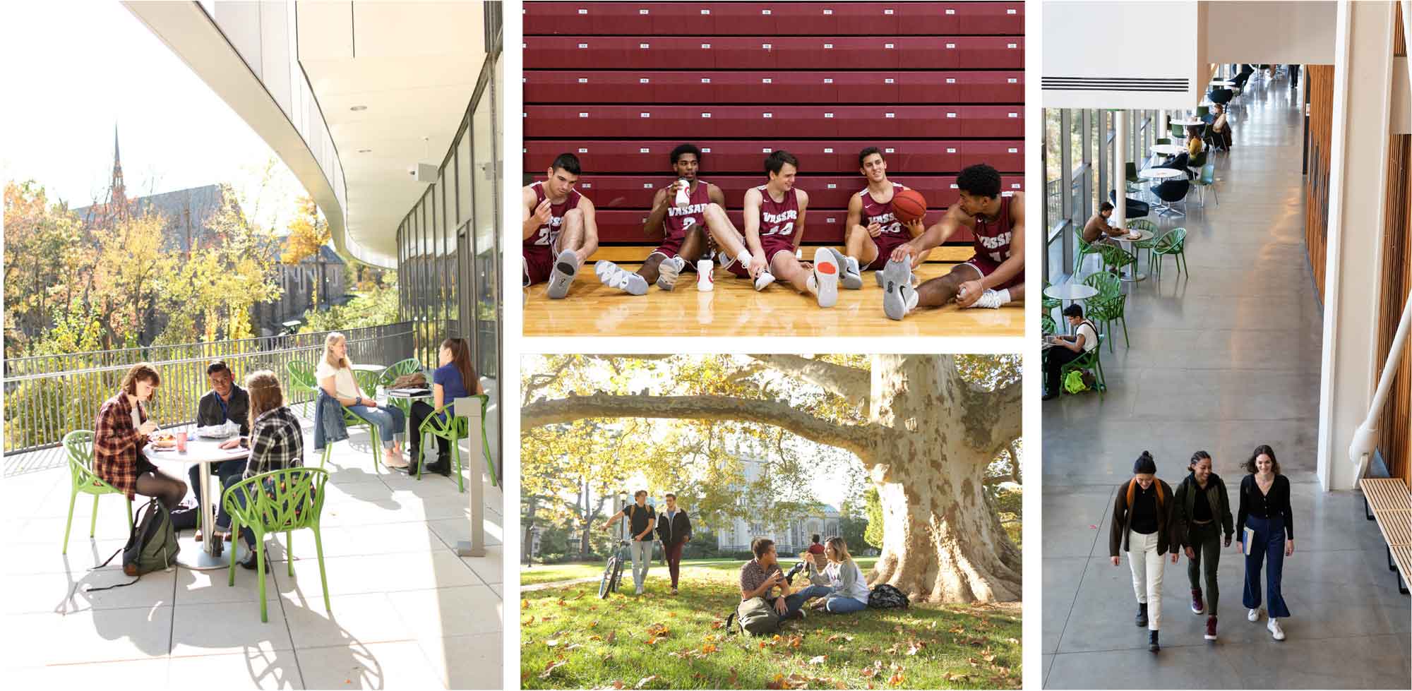 Photo collage of 4 photos showing groups of people on Vassar campus either seated indoors or walking outside