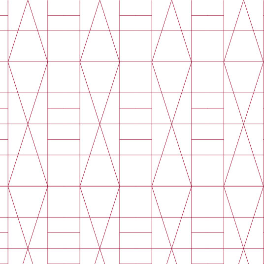 A square pattern with thin red lines ending on one another and intersecting at right and acute angles 