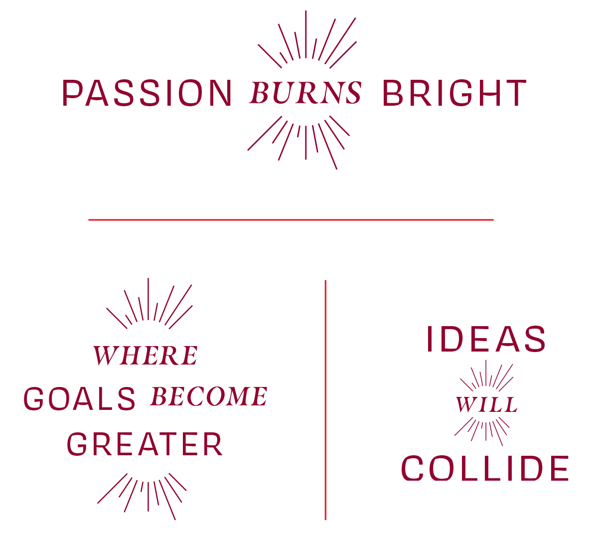 3 headline treatments with text and spark lines. Top: Passion Burns Bright; bottom left: Where Goals Become Greater; bottom left: Ideas Will Collide