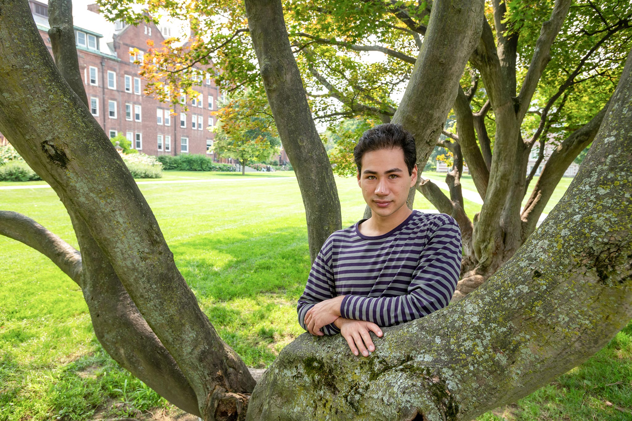 Ford Scholar Caleb Mitchell ‘22 among the stand of Japanese Maples at the center in the residential quad, which, he discovered, was initially proposed in 1931 by Olmsted partner Percival Gallager, in order to break up the diagonals formed by the paths.
