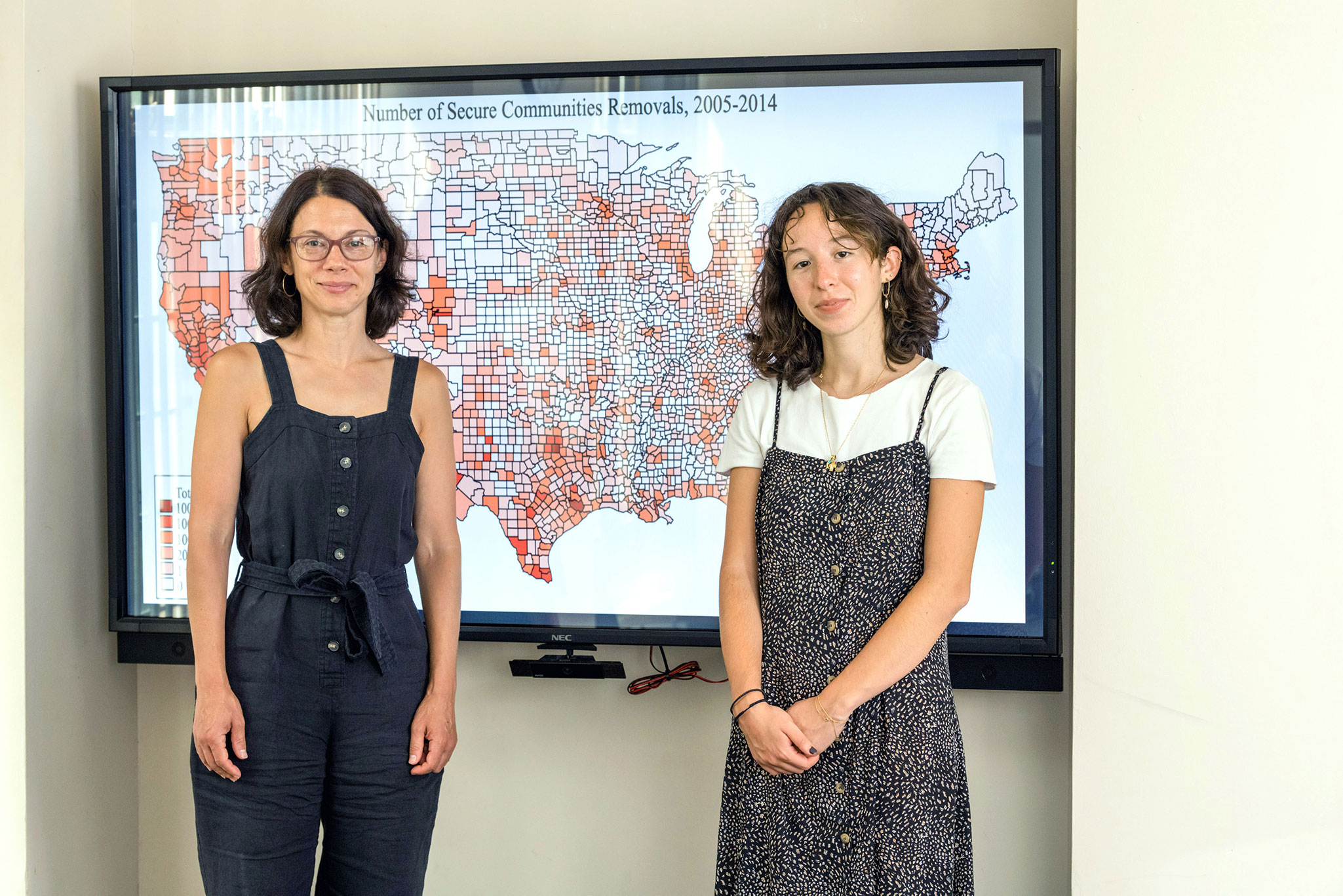 Associate Professor of Economics Sarah Pearlman (left) and Ford Scholar Anastasia Koutavas ’22 created maps to illustrate some of their findings.