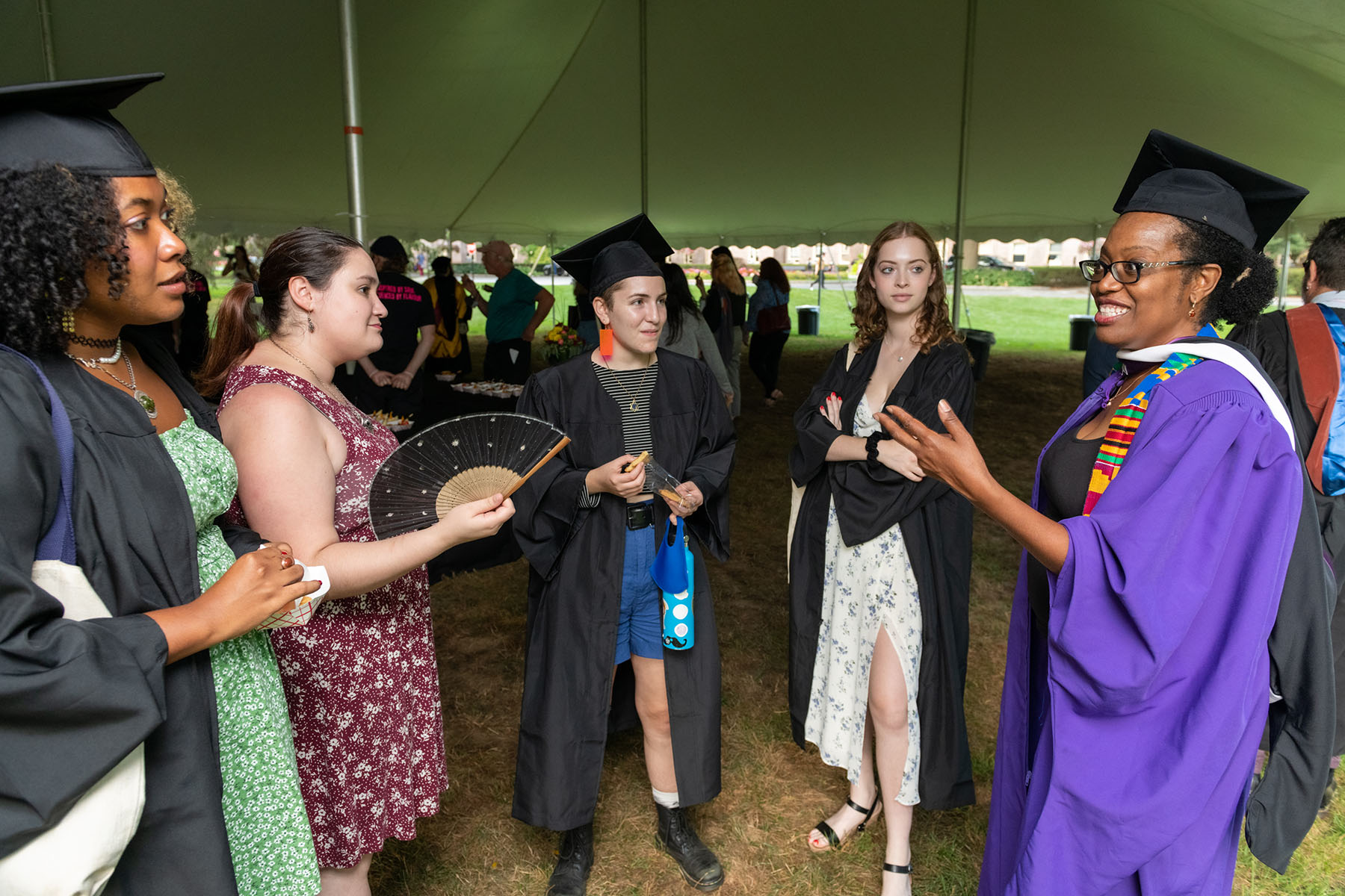 Chair of Drama, Professor Shona Tucker (right) catches up with students.